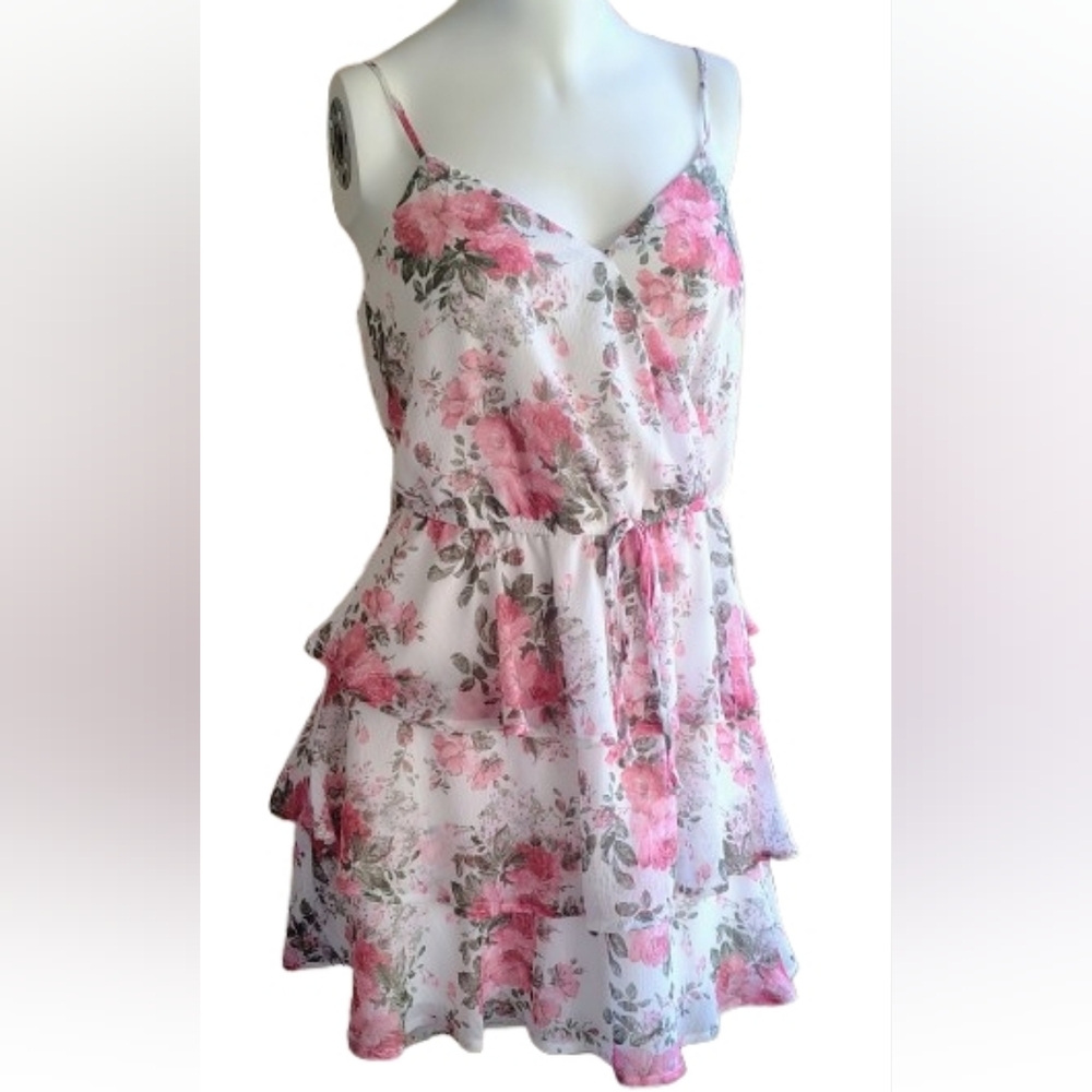Trixxi Floral Tiered Ruffle Mini Dress | Pink & White | Size M - Picture 2 of 7